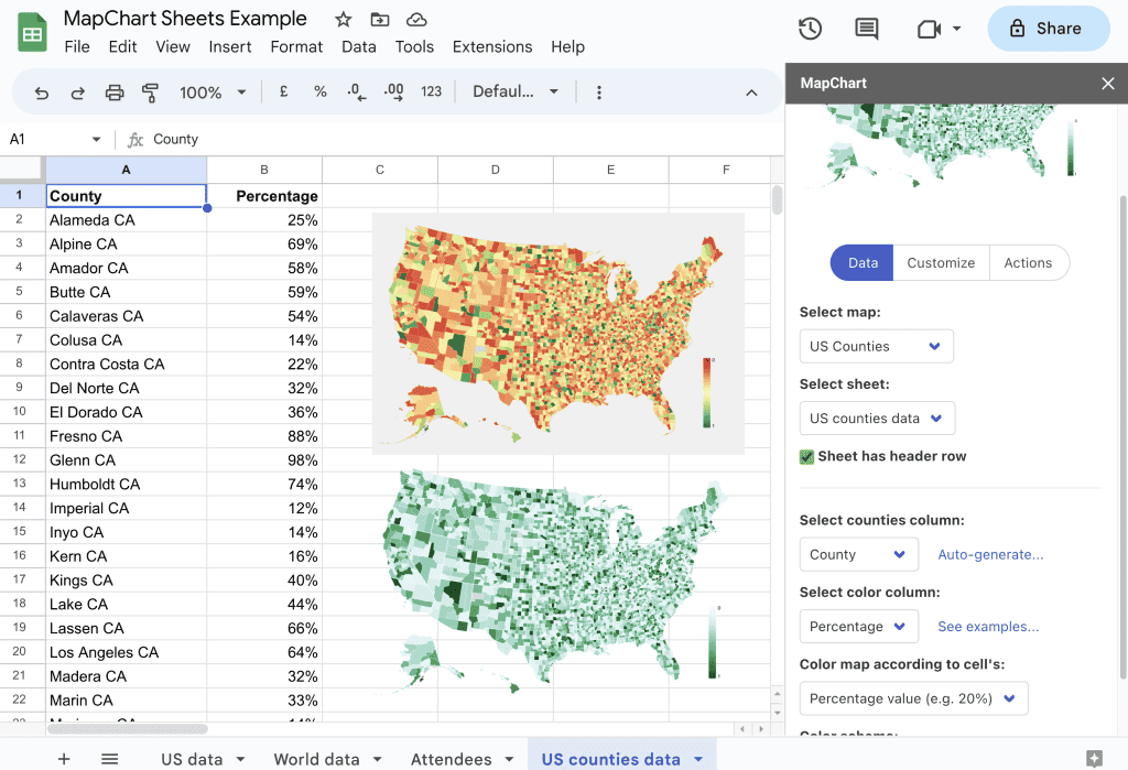 A US counties map with various color schemes, made from Google Sheets data.