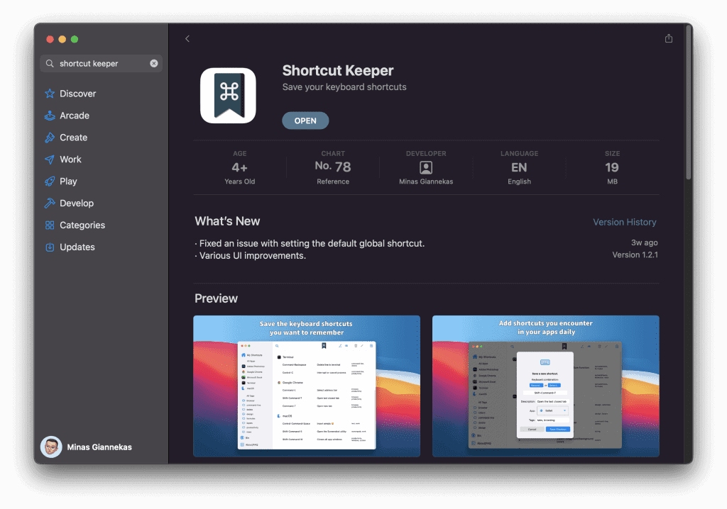 The Mac App Store listing for Shortcut Keeper.