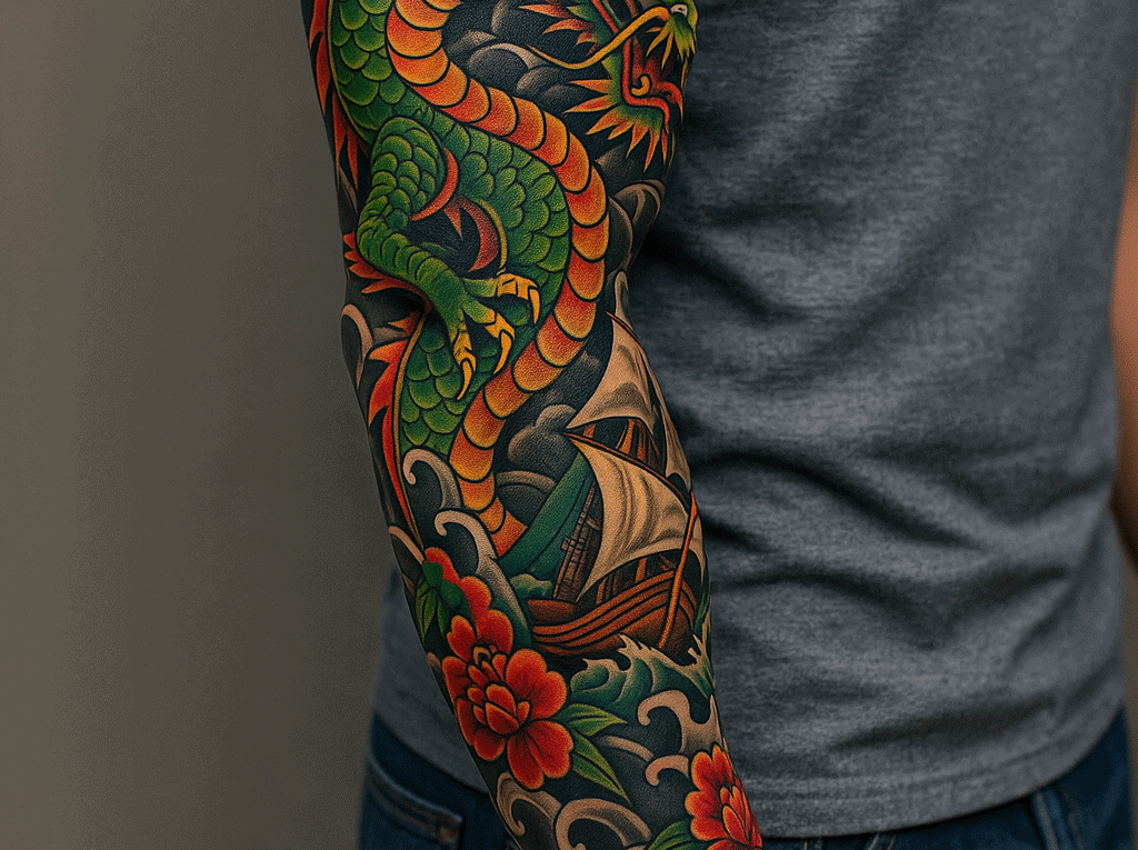 Japanese Sleeve Tattoo mit Drache, Pfingstrosen und Wellen