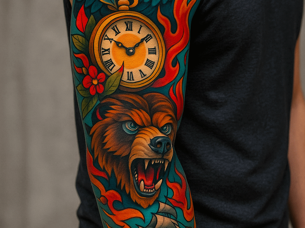 Neo-Traditional Sleeve Tattoo mit Tiger, Eule und Schiff