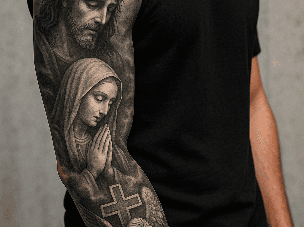 Religious Sleeve Tattoo mit Jesus, Maria und Engel in Black & Gre