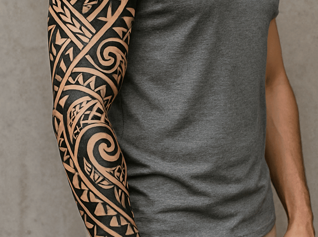 Tribal Sleeve Tattoo im Maori-Stil mit schwarzen Mustern