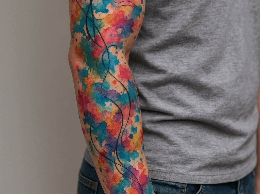 Watercolor Sleeve Tattoo mit abstrakten Farbübergängen und Lotusblüte