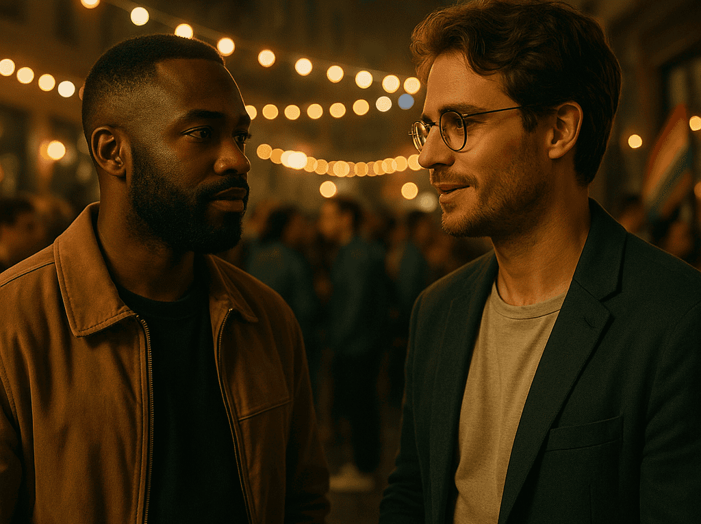 Two men in conversation on a warmly lit street at night, string lights overhead and a faint rainbow flag in the background. Two men chatting during a nighttime street festival with festive lights and a Pride flag in view.