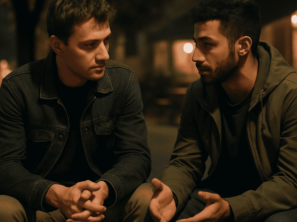 Two men sit on a bench at night, engaged in a serious, quiet conversation outdoors.