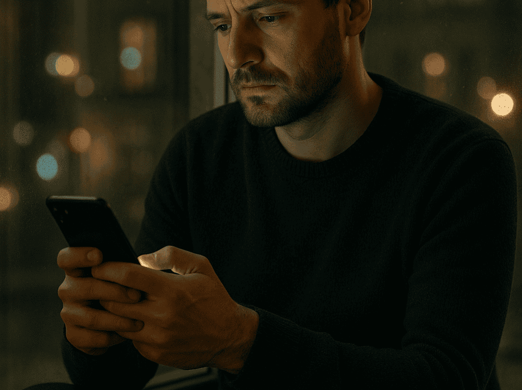 Man in a dark sweater sits by a window at night, looking intently at a smartphone in his hands in a dimly lit room at dusk/nightfall.
