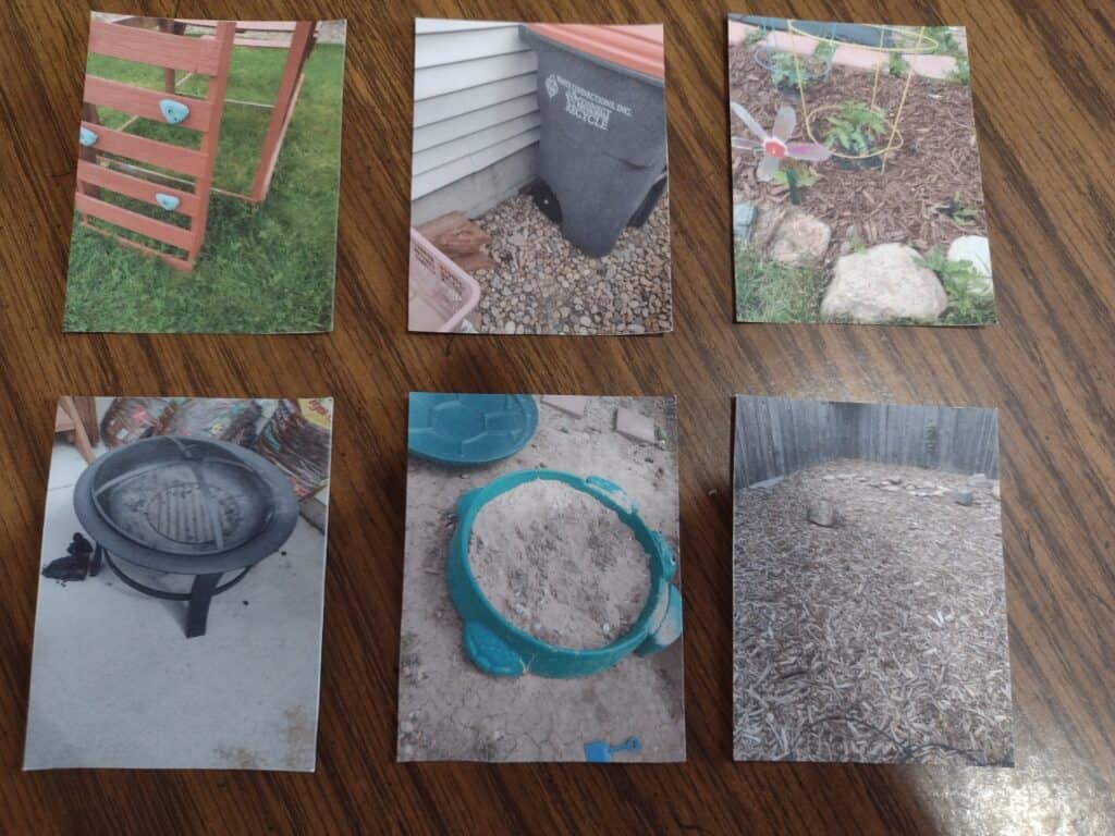 Wallet sized pictures of outside used for a preschooler scavenger hunt