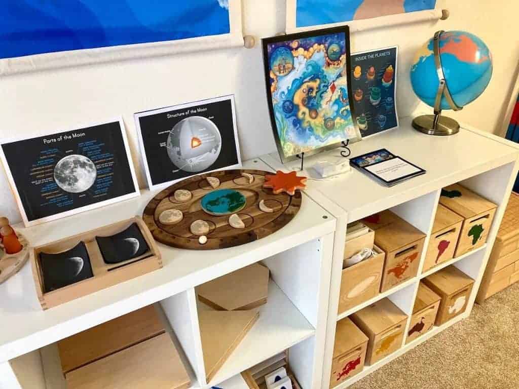 Mirus Toys Moon Calendar and Printables, Waseca Biomes, Cosmic Story Cards, and Globe as Montessori First Great Lesson Materials and Follow-Up