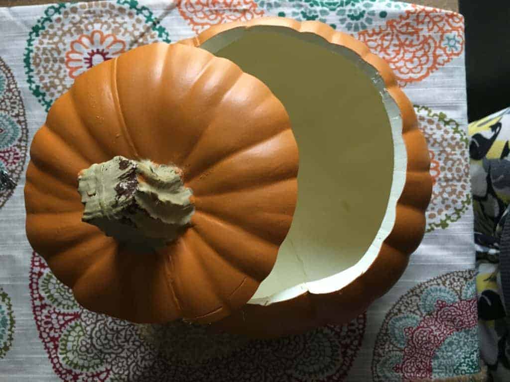 hollowed out pumpkin with top cut off to make a pumpkin vase.