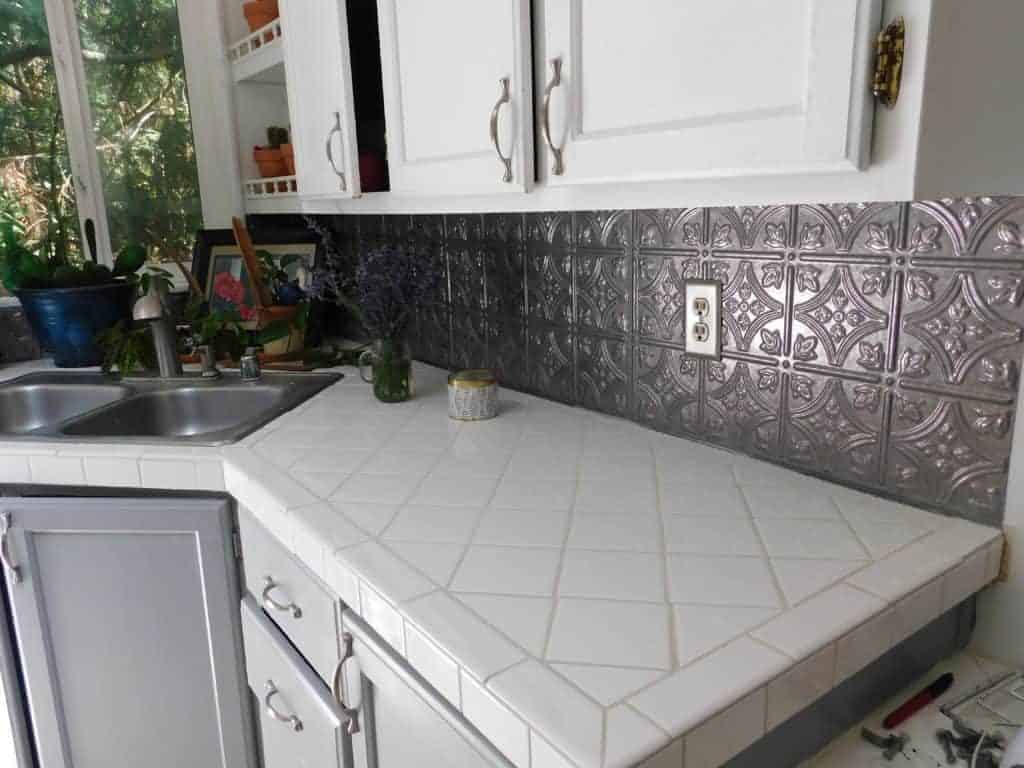 white tile kitchen counter