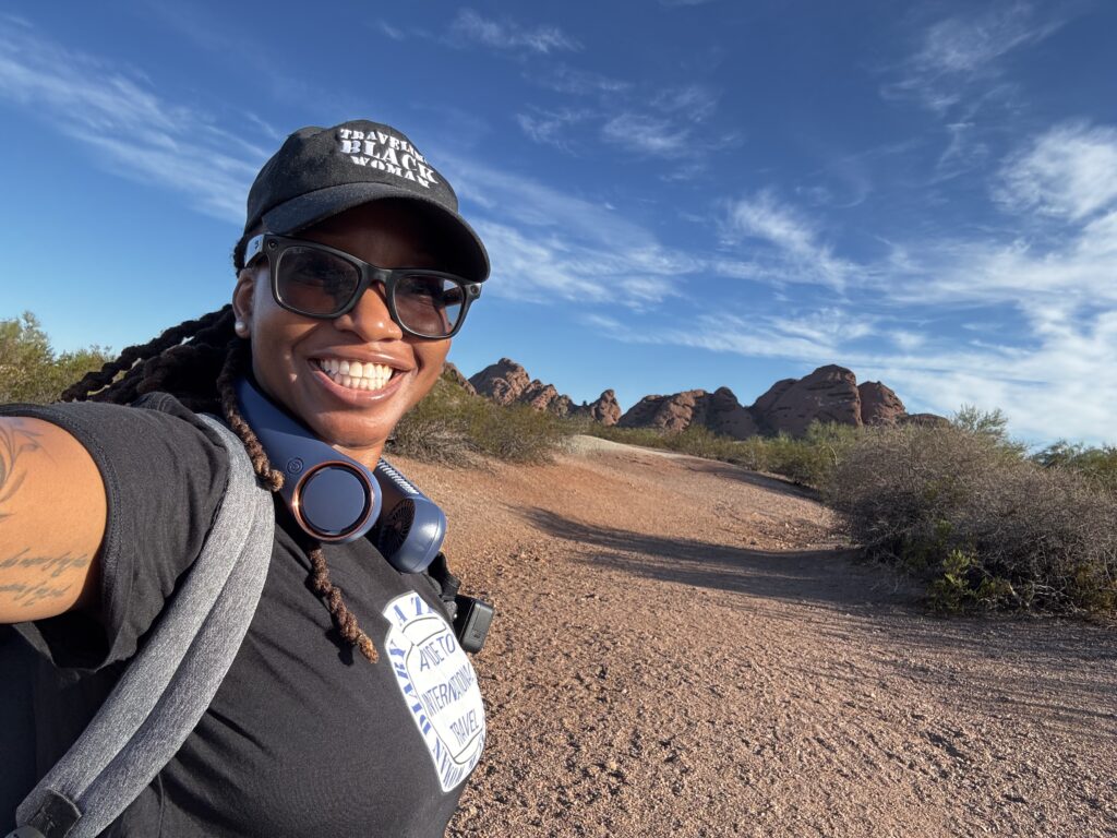 Nadine Duncan, founder of the Traveling Black Women Network, traveling solo in Tempe, Arizona in Papago Park.