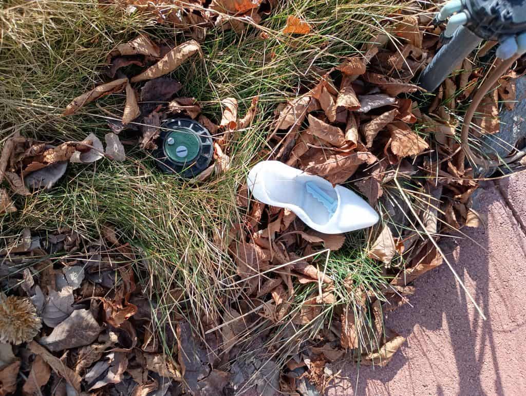Picture of a 3d printed glass slipper hidden in grass and leaves
