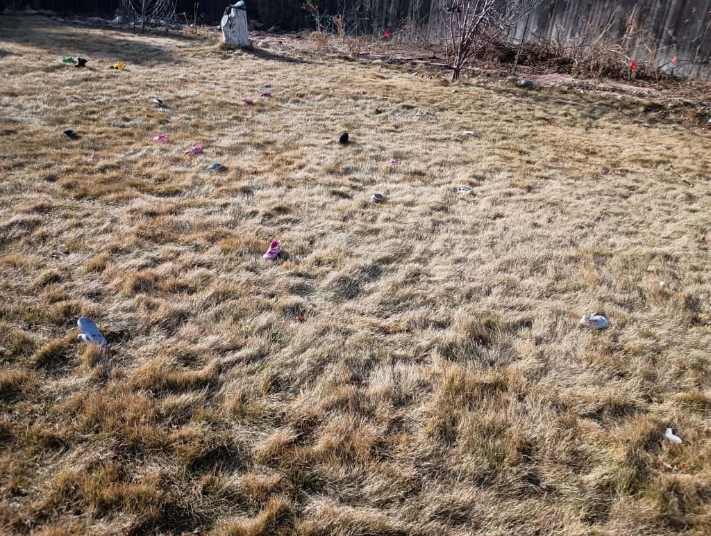 Picture of kid shoes all over a yard for a Cinderella party game