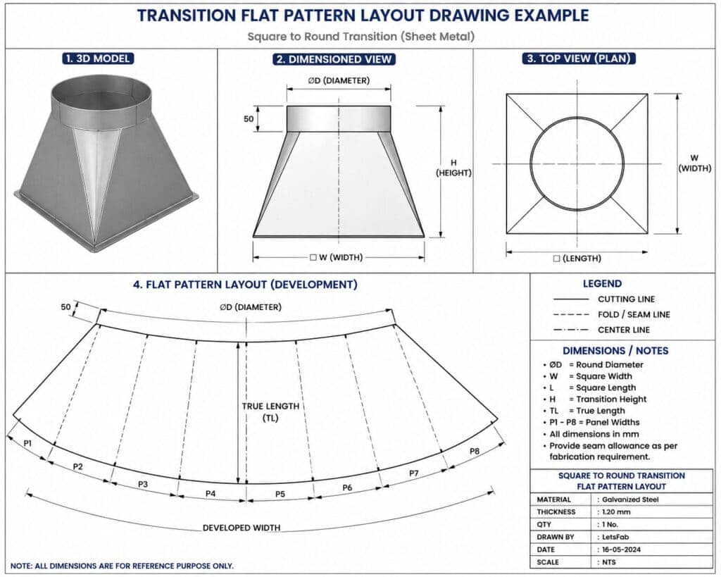 Transition flat pattern layout drawing