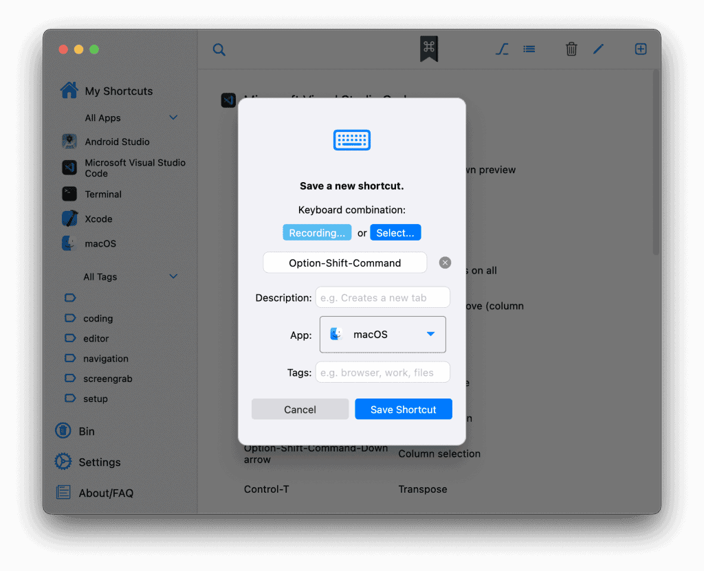 Recording a keyboard shortcut interface.