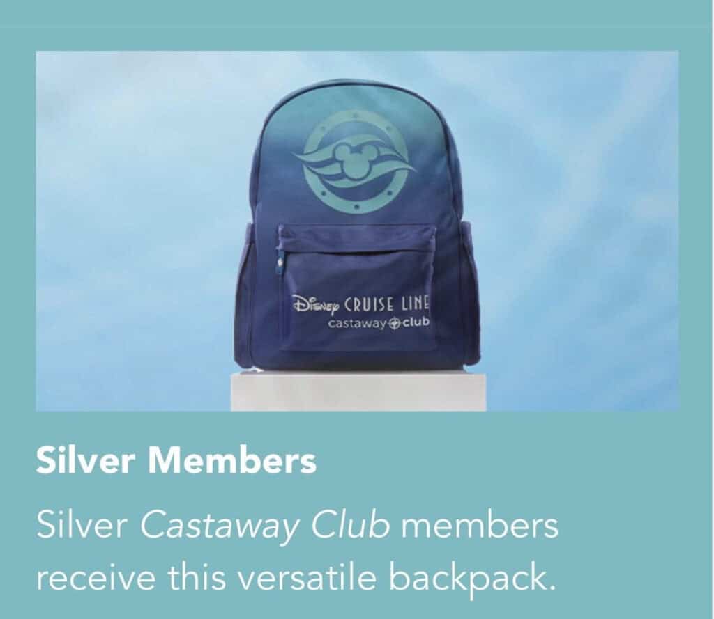 Blue Castaway Club backpack with Disney Cruise Line logo on a light blue background.