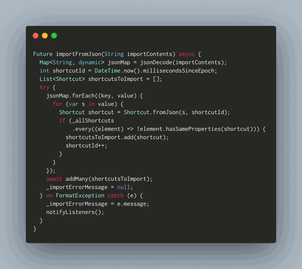 Snippet of Dart code with a function importing JSON.