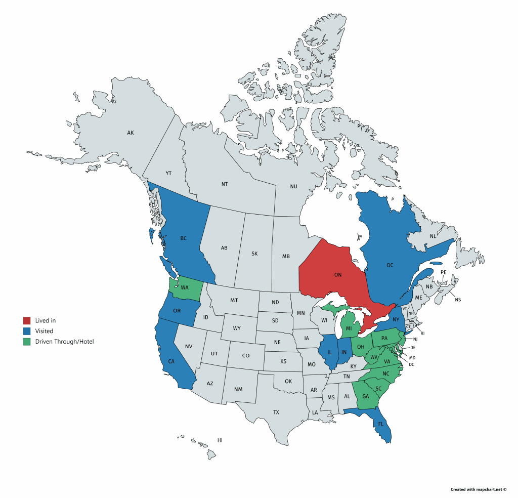 USA & Canada visited States map.