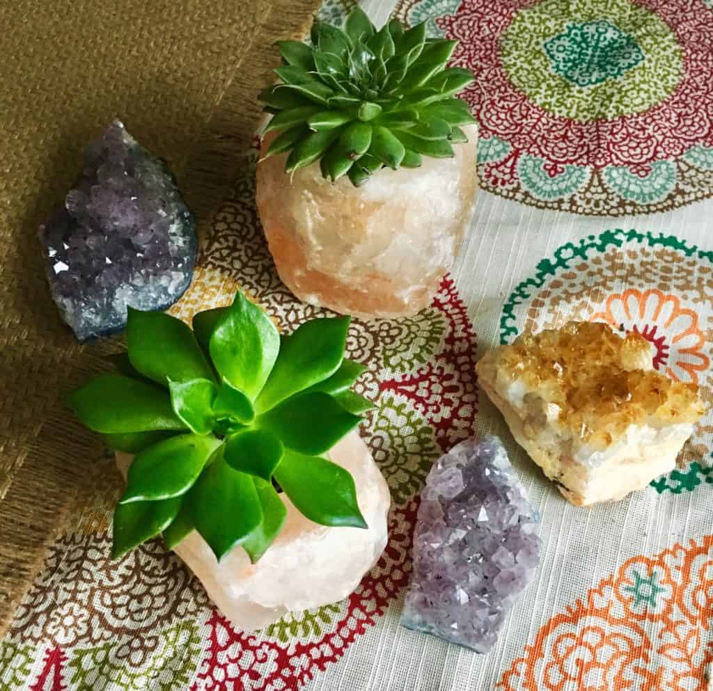 succulent plants in planters on a table cloth with crystals