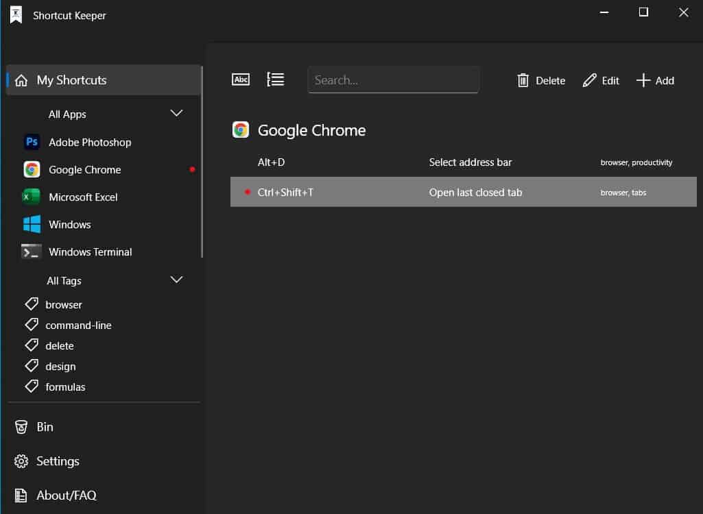The app showing Google Chrome's shortcuts.