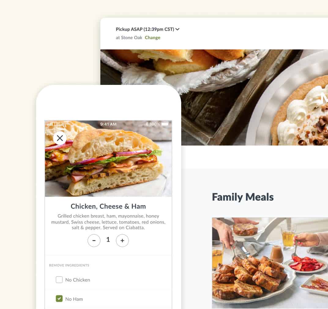 Screenshots of the Kneaders ordering experience by Thanx on mobile and desktop