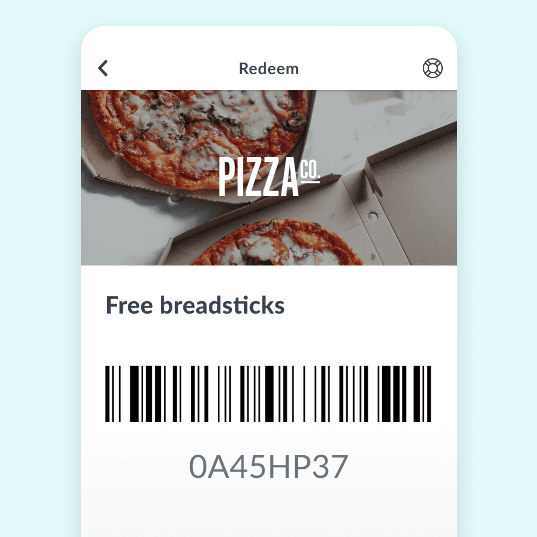 Mobile app screen showing a reward redemption for free breadsticks at Pizza Co., with an image of pizza, a barcode, and a unique code ‘0A45HP37’ for scanning at checkout.