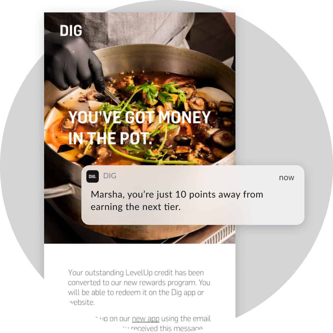 An image of a DIG email behind a DIG mobile app notification advertising points