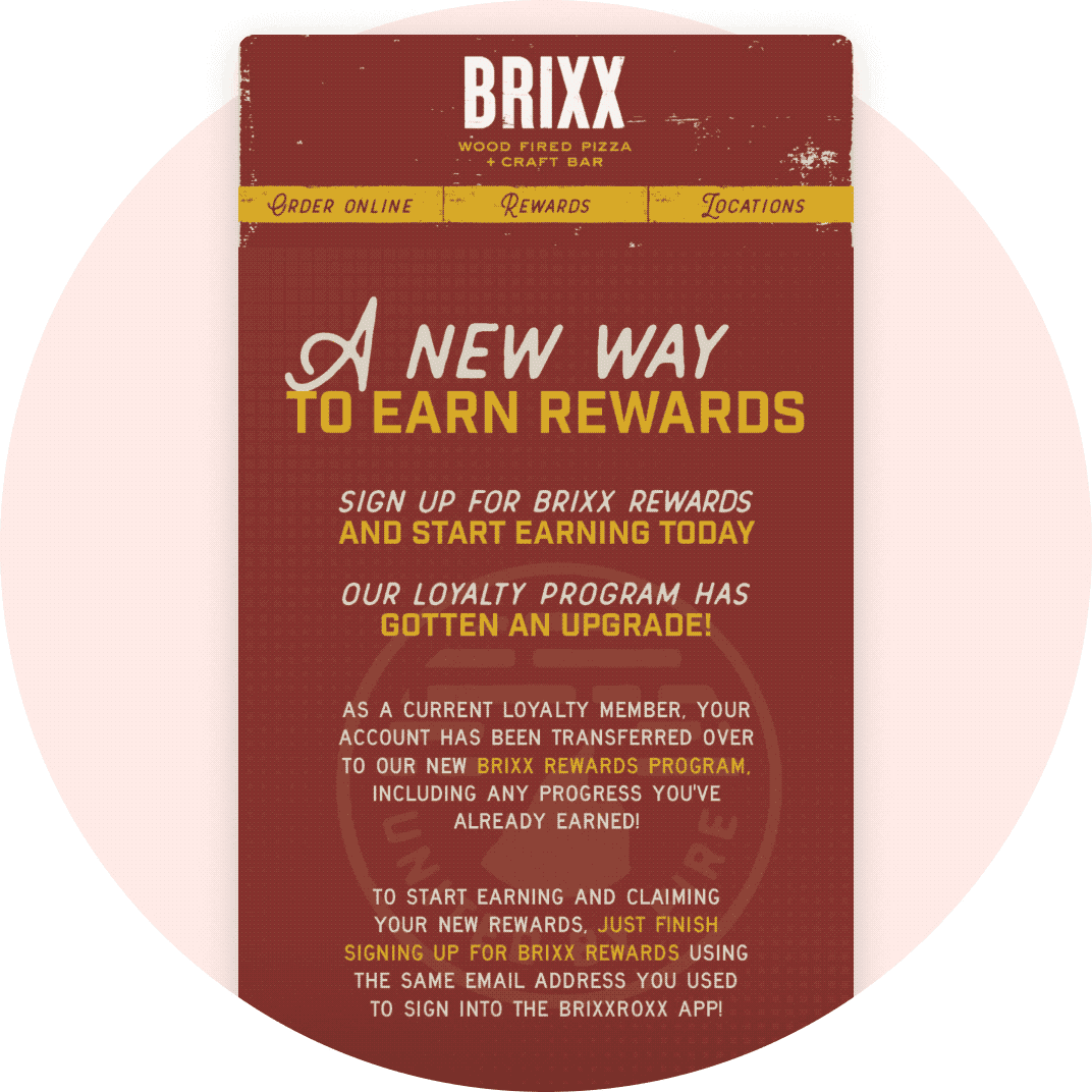 Image of a Brixx email advertising their new Thanx rewards program