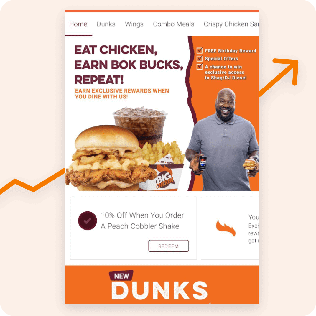 Big Chicken app screen showing rewards like free birthday treats, discounts, and a chance to meet Shaq. Features food items and a promo for new ‘Dunks’