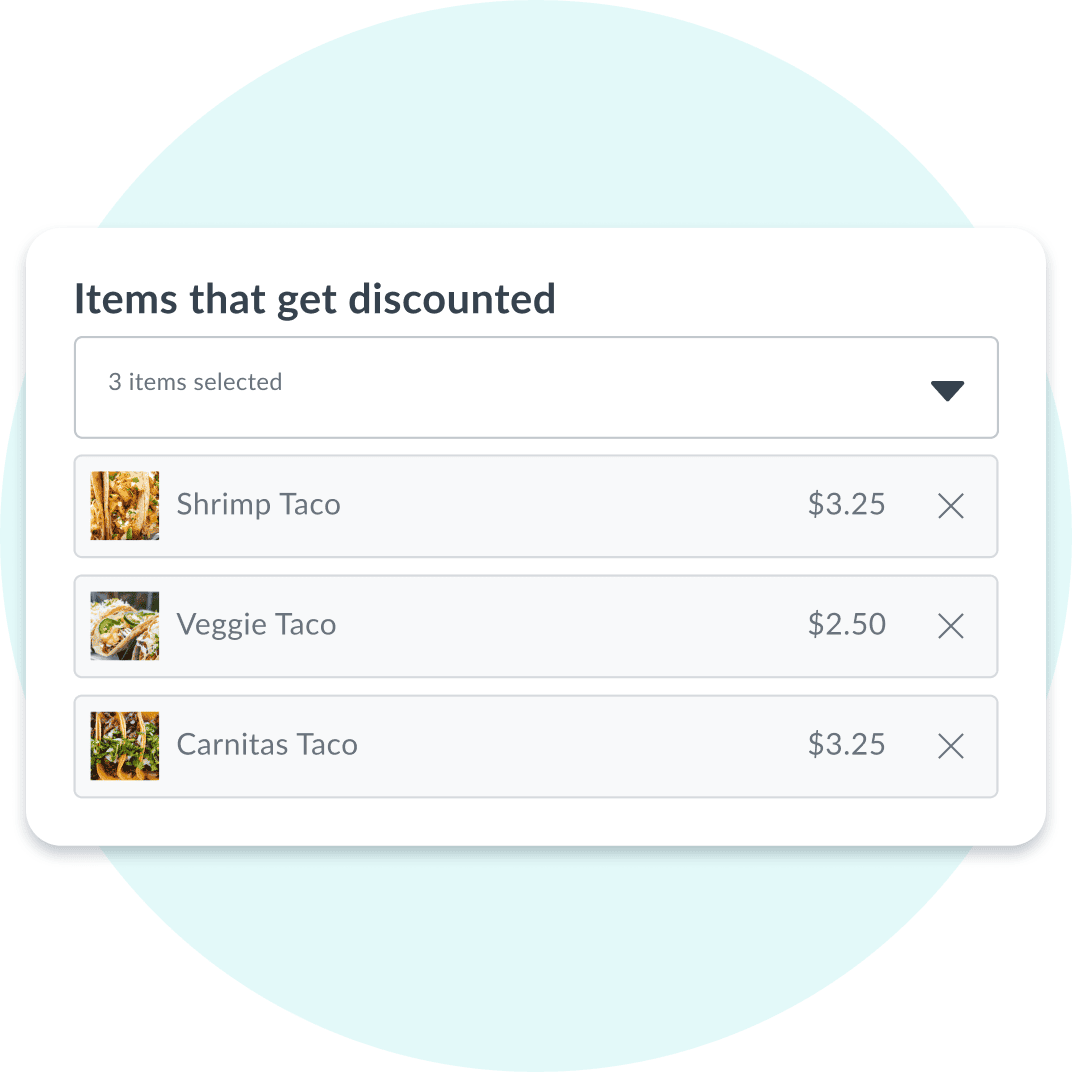 User interface showing a discount selection menu with three food items selected: Shrimp Taco ($3.25), Veggie Taco ($2.50), and Carnitas Taco ($3.25), each with thumbnail images and remove icons.