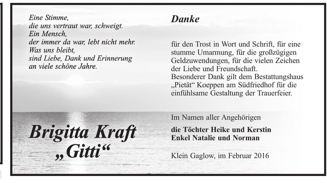 Danksagung Brigitta „Gitti“ Kraft