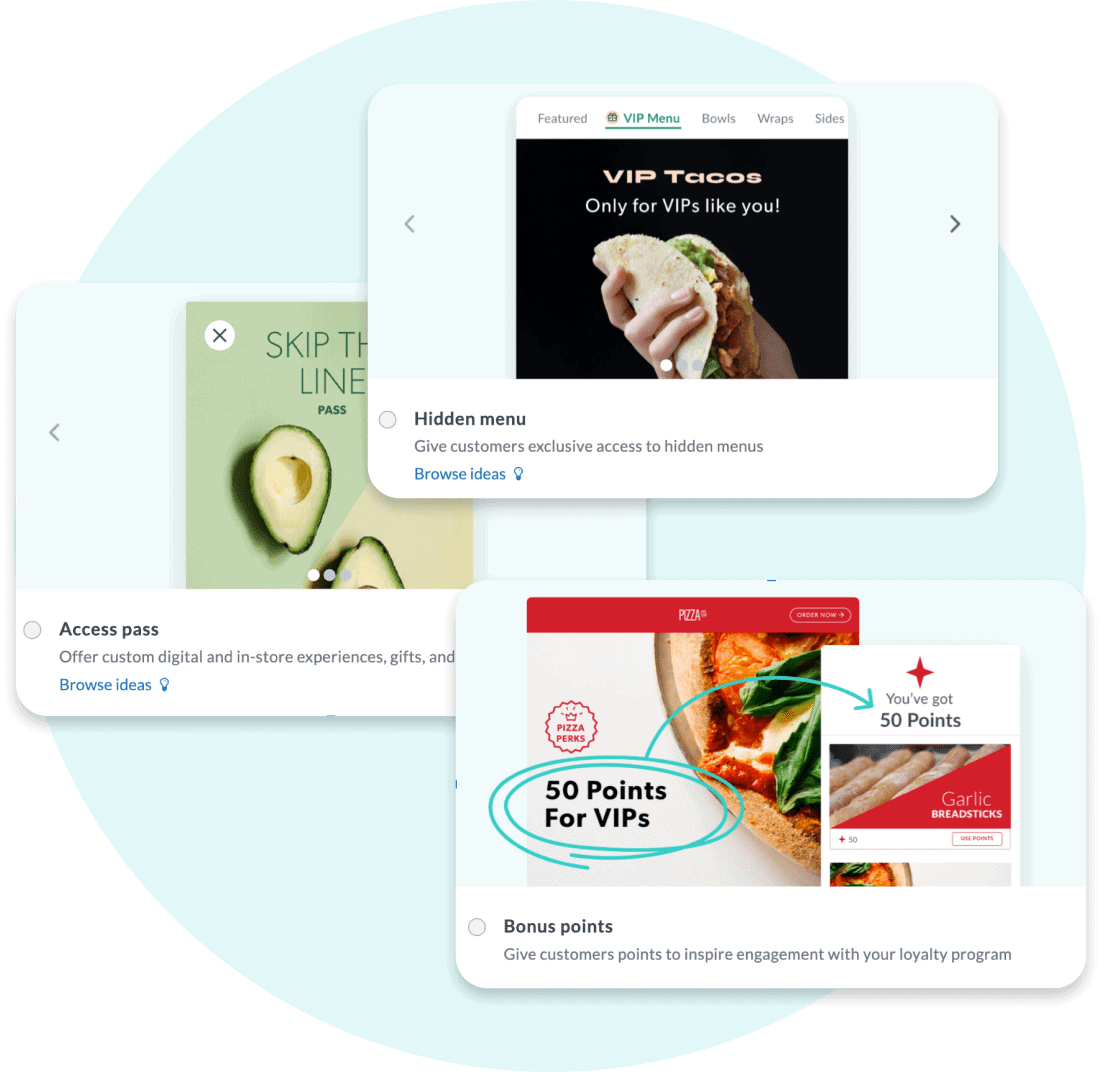 Examples of VIP loyalty rewards including hidden menu access, access passes, and bonus points, shown through promotional cards featuring tacos, avocados, and garlic breadsticks.