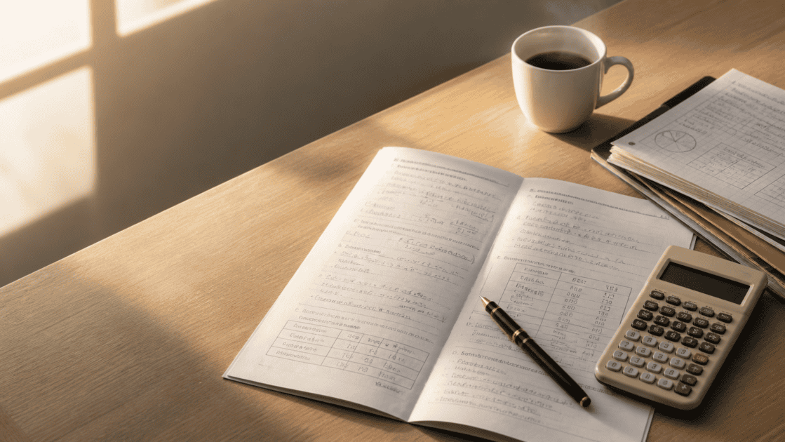 Bureau d'examen avec copie de gestion opérationnelle, calculatrice et notes de révision — épreuve U5 du BTS MCO