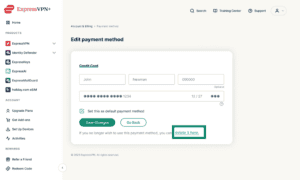 Edit payment method form in the ExpressVPN+ portal with the delete it here link highlighted.
