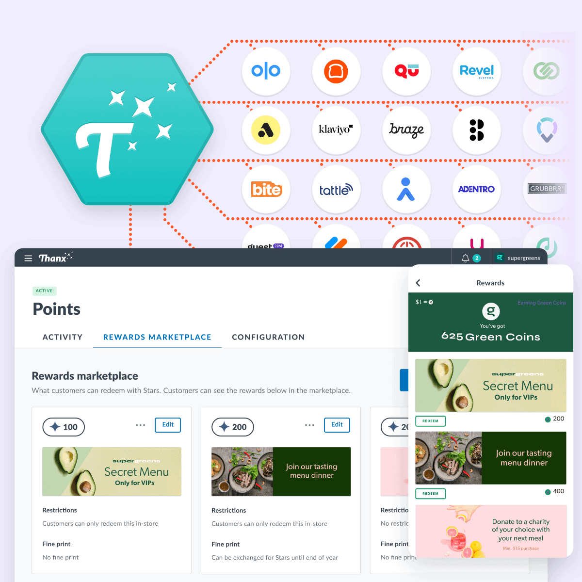 Illustration of Thanx’s open platform showing integrations with various third-party tools like Olo, Toast, Klaviyo, Braze, and more. Below, a user interface displays the rewards marketplace and mobile rewards screen with options such as Secret Menu and tasting menu dinner, showing how customers can redeem loyalty points.