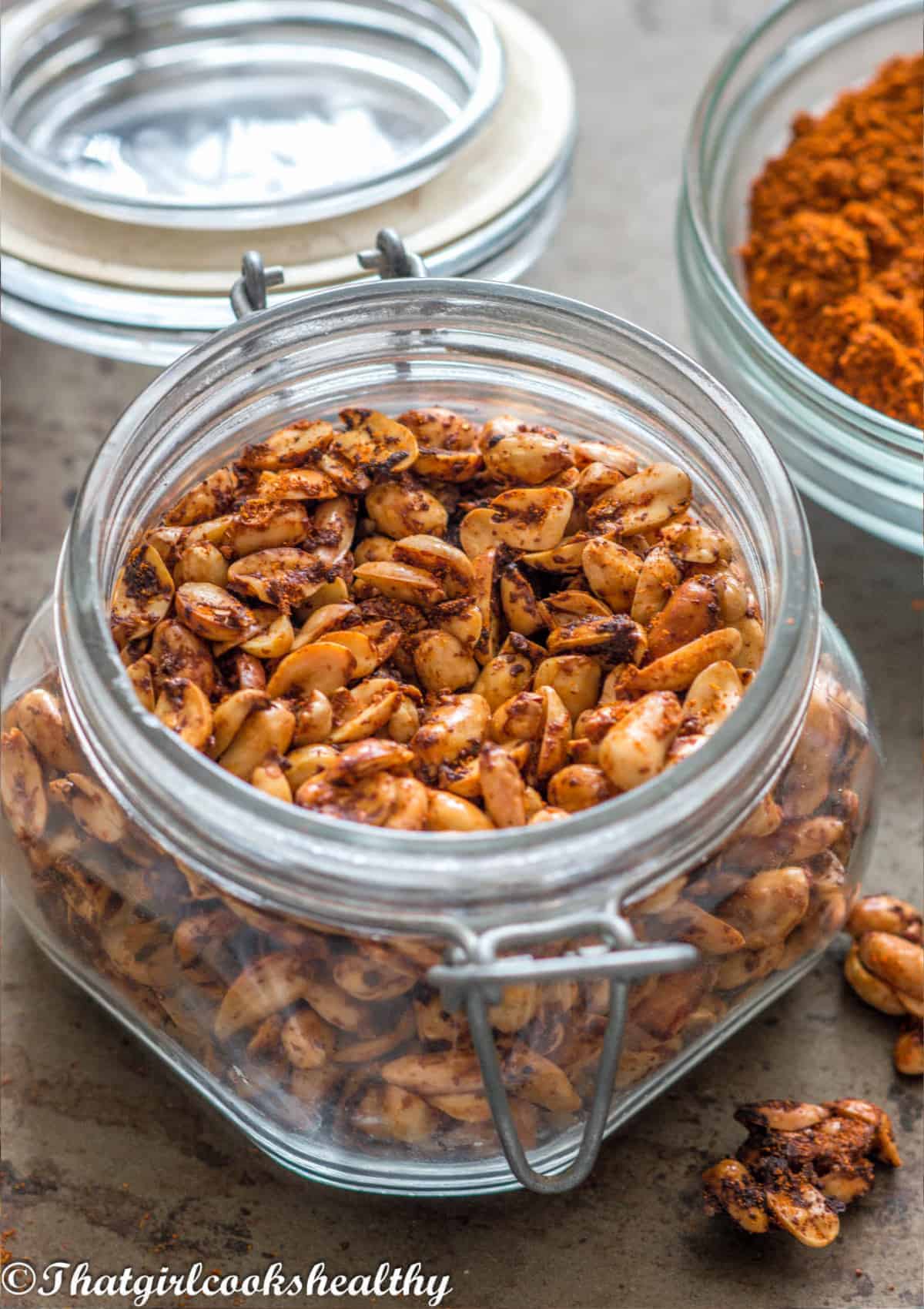 close up of the peanuts in the jar