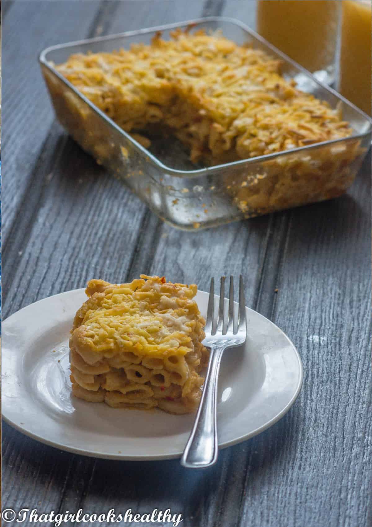 Slice of macaroni pie on a plate