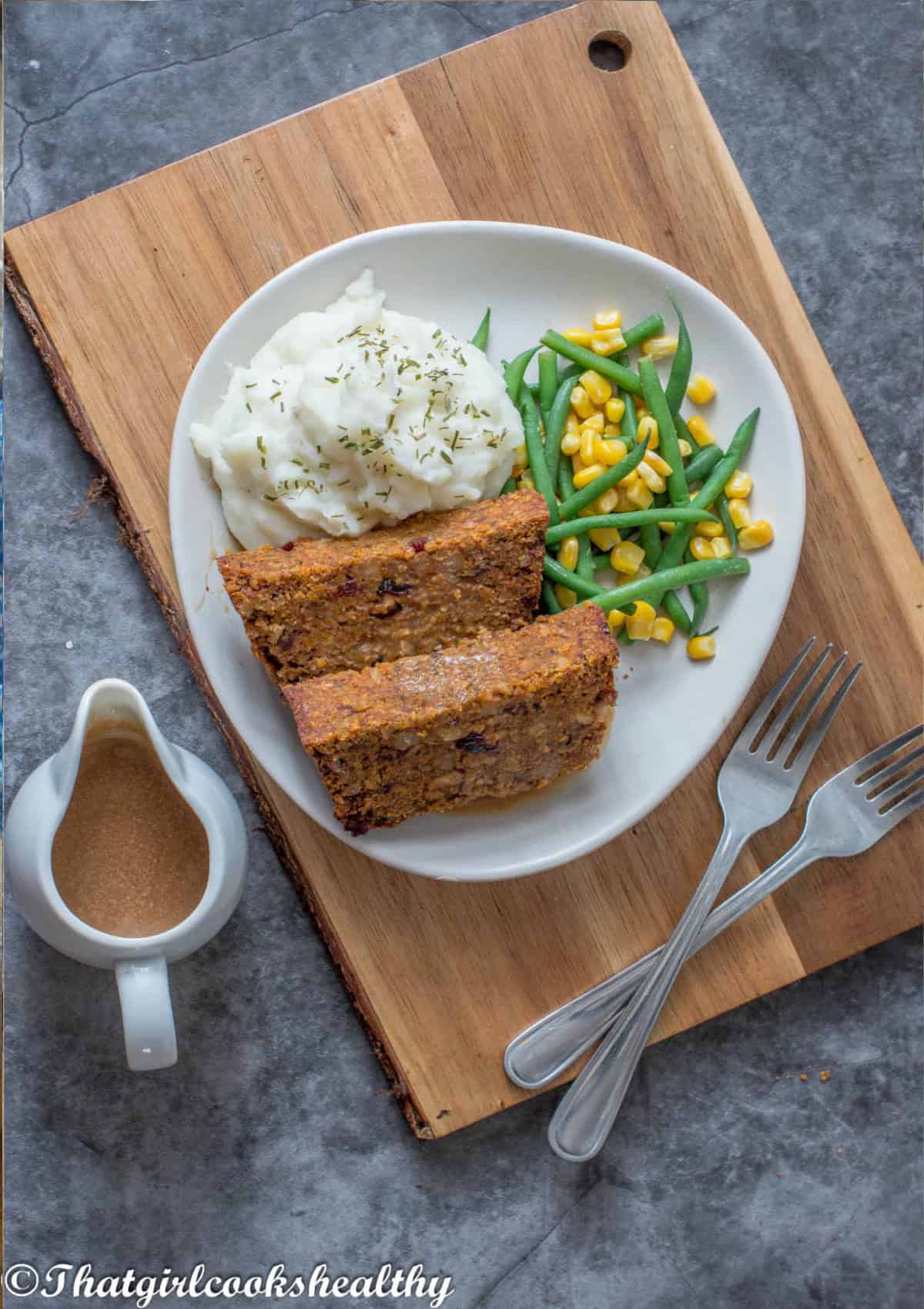 Nut roast, vegetables and mashed potatoes