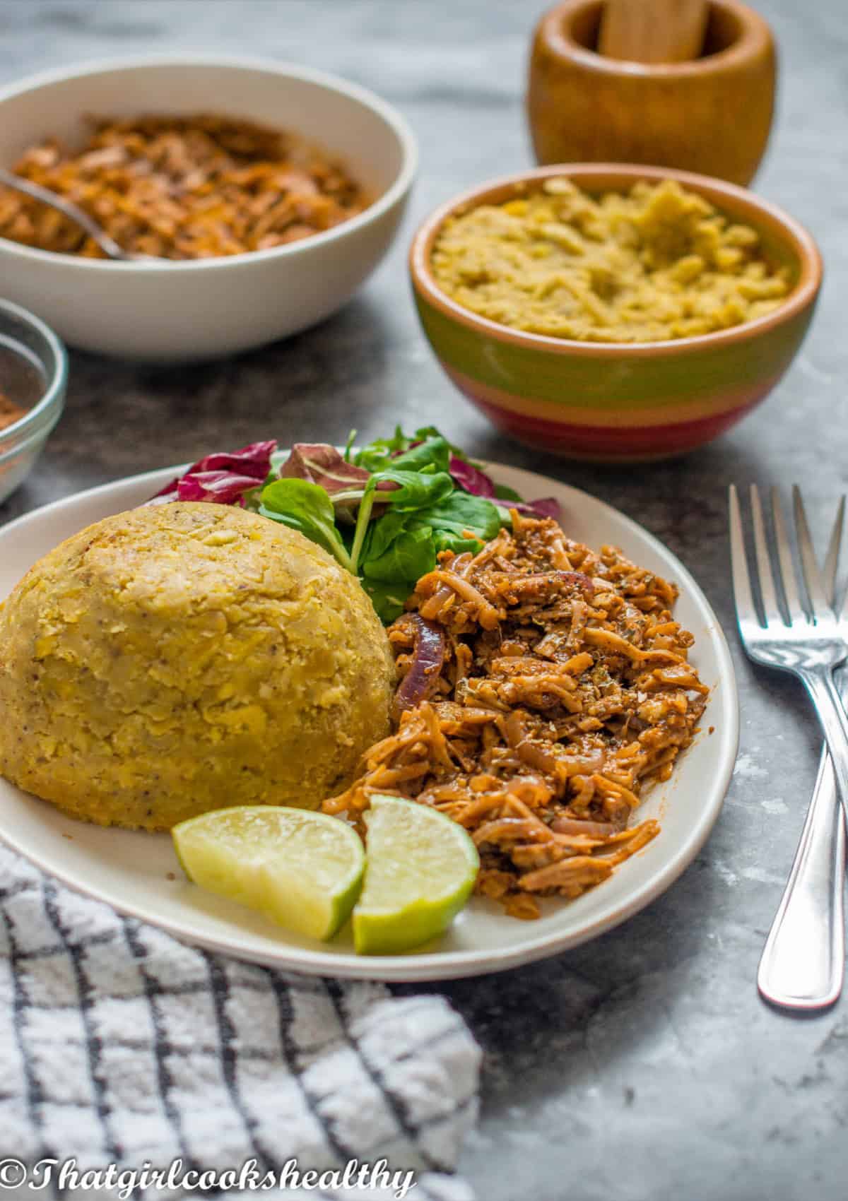 mofongo with vegan meat and salad