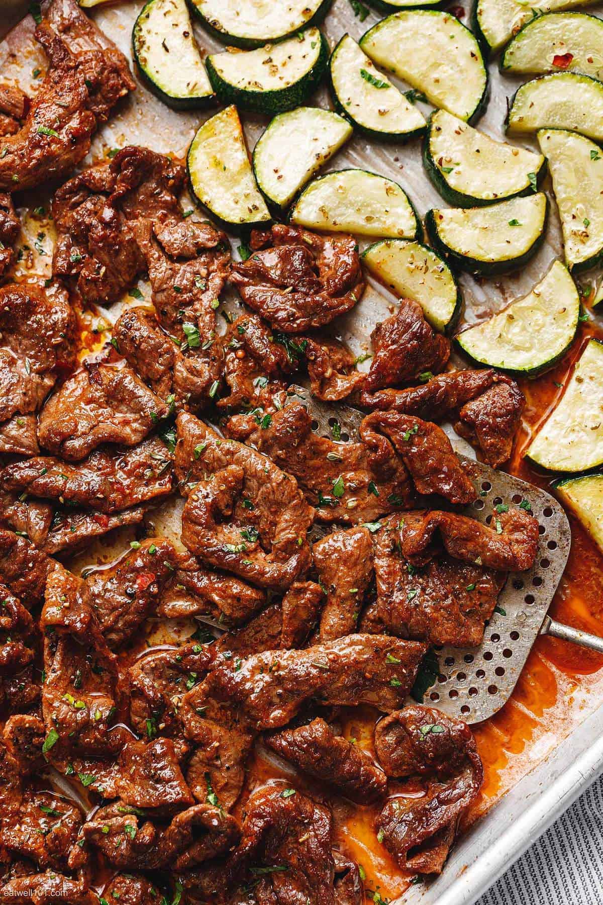 sheet pan steak with lemon and zucchini