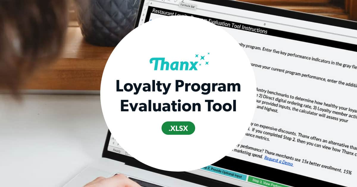 Thanx Loyalty Program Evaluation Tool graphic with text and a background photo of the spreadsheet mocked up on a computer screen