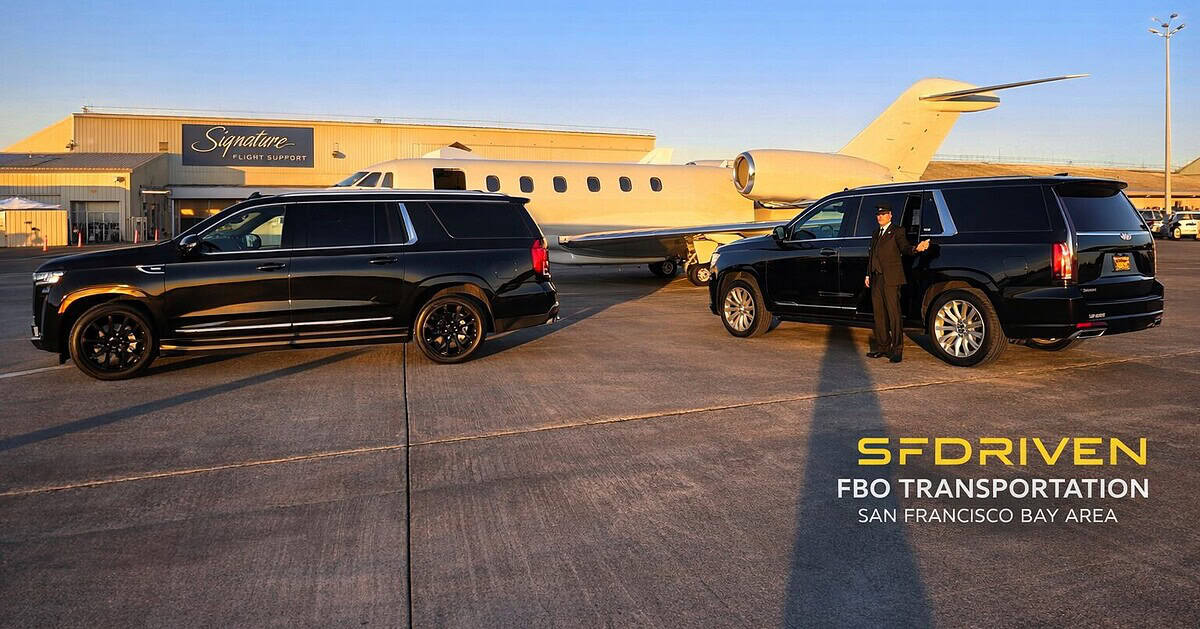 FBO transportation San Francisco Bay Area with luxury SUVs at private jet terminal