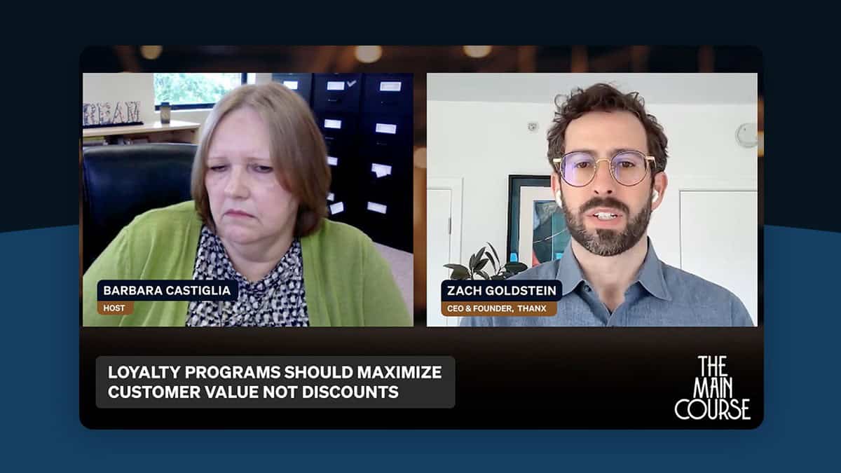 Screenshot of video interview between Barbara Castiglia, MarketScale's "The Main Course" host, and Zach Goldstein, CEO of Thanx.