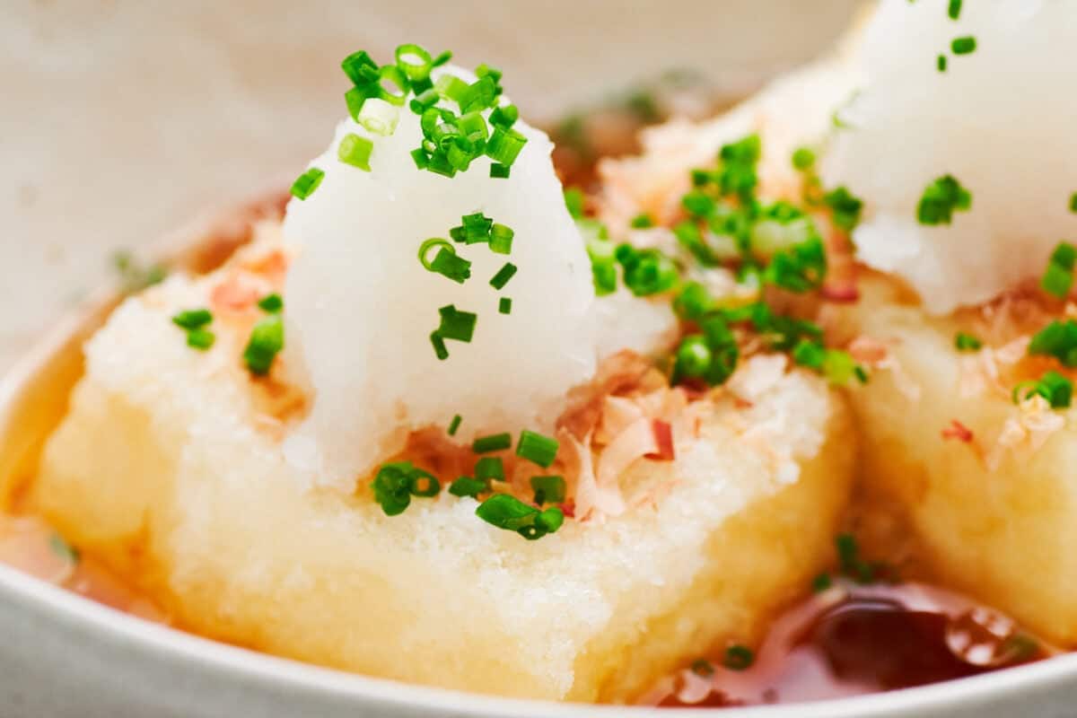 Agedashi tofu served with scallions, katsuobushi (shaved skipjack tuna), and grated daikon radish.