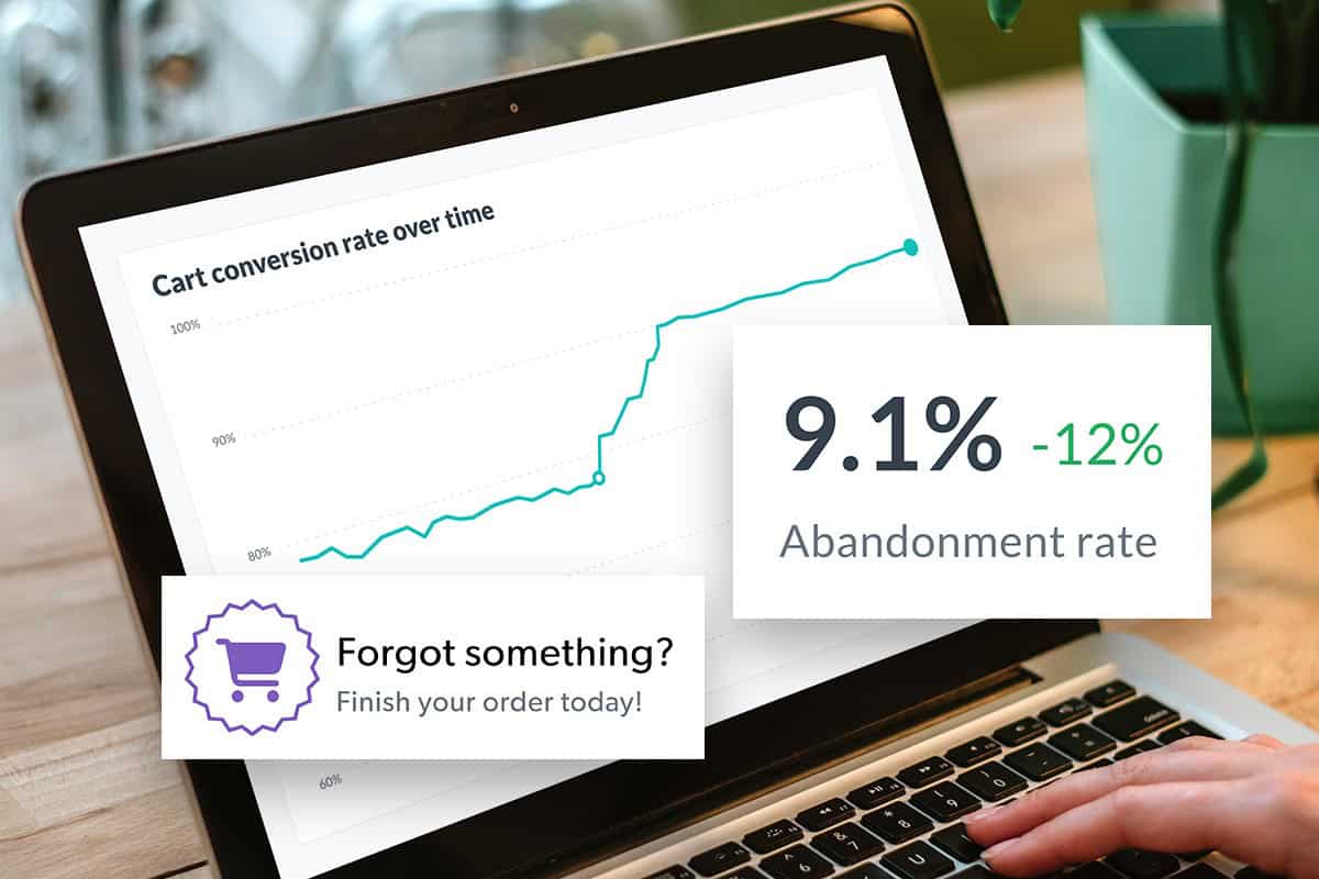 Mockup of a laptop with Cart Conversion chart and floating UI for Thanx