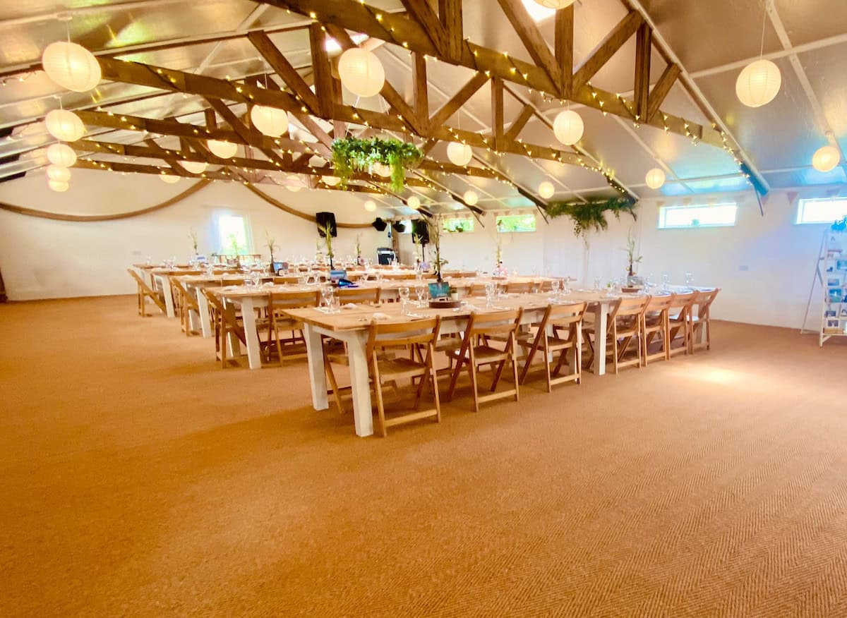 Beer Keller style wedding seating with double tables