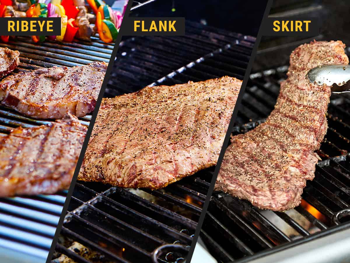 ribeye flank and skirt steak on the grill