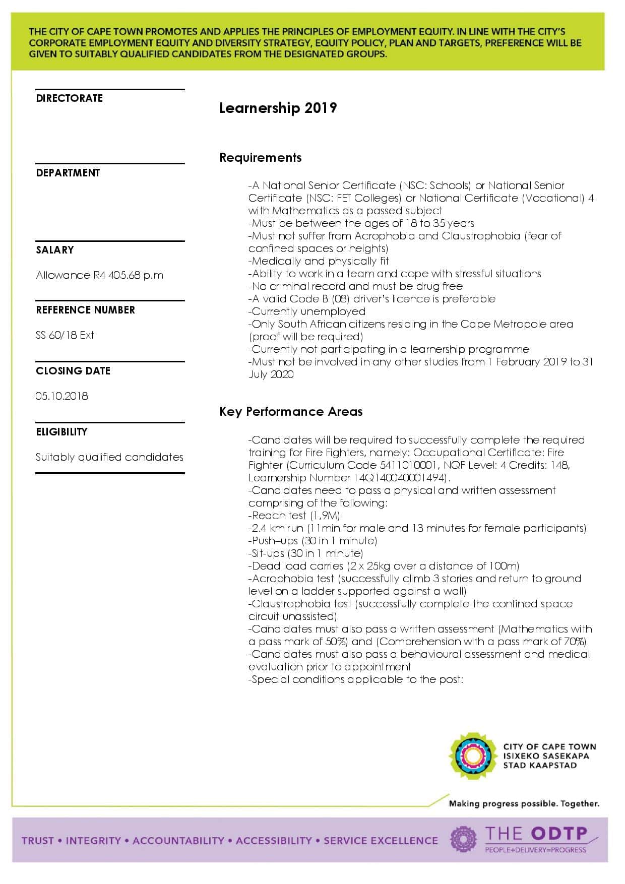 City Of Cape Town Firefighter Learnership 1