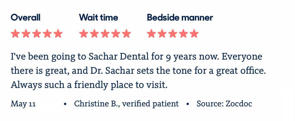 Dentist NYC picture of 5 star review of Sachar Dental NYC