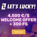 Lets Lucky Casino 150% up to €/$4,500 Welcome Bonus + 300 Free Spins + €/$20 Free Bets. Sportsbook, Live Casino, Jackpot Games, Promotions, Tournaments, Lucky Ride, VIP Program, and No Deposit Bonus.